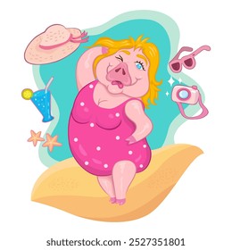 Cute Pig in Swimsuit on Beach. Flat, Poster, Vector, Illustration, Cartoon, EPS10. 