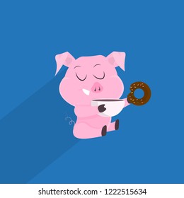 cute pig symbol of 2019 chinese new year hold donuts with coffee merry christmas holiday concept flat vector illustration
