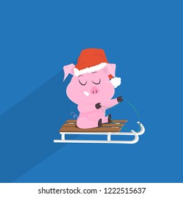 cute pig symbol of 2019 chinese new year on sledge merry christmas holiday concept flat vector illustration
