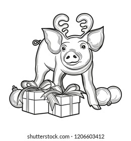 Cute pig, symbol of 2019 year for your design. Vector illustration. Isolated images on white background.