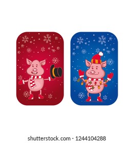 Cute pig. The symbol of the Chinese New Year. Сhristmas banner. Hand drawn vector illustration.