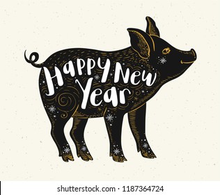 Cute pig symbol of Chinese zodiac for 2019 new year. Black silhouette of pig and lettering. Hand drawn vector illustration