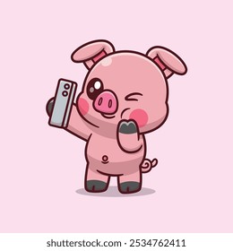 Lindo Cerdo Tomando Una Selfie Usando Una Ilustración De Icono De Vector De Teléfono Inteligente. Icono de Tecnología Animal Concepto Aislado Premium Vector. Estilo de dibujos animados de animales.