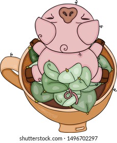 Cute Pig In A Tea Cup With Green Cactus