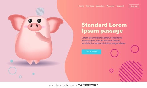 Cute pig thinking about something vector illustration. Pensive cartoon character. Thoughts, dream concept can be used for banner design or landing page