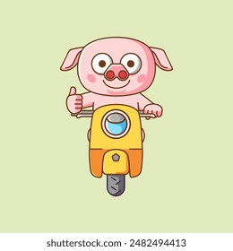 a Cute pig thumbs up riding scooter animal kawaii chibi character mascot illustration