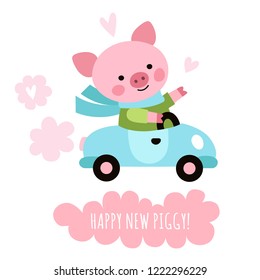 Cute pig traveler by car. Child illustration cartoon character