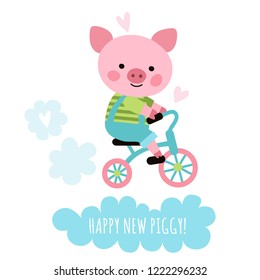 Cute pig traveler on a bike. Child illustration cartoon character