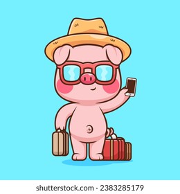 Cute Pig Traveling with Bag and Phone Cartoon Vector Icon
Illustration. Animal Holiday Icon Concept Isolated Premium
Vector. Flat Cartoon Style