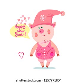 Cute pig with type and hearts.Cartoon style vector illustration. Great design element for sticker, patch or poster. Unique and fun drawing. 