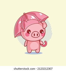 Cute pig with an umbrella in the rain cartoon