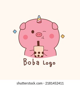 Cute Pig Unicorn Boba Milk Tea Logo Cartoon.