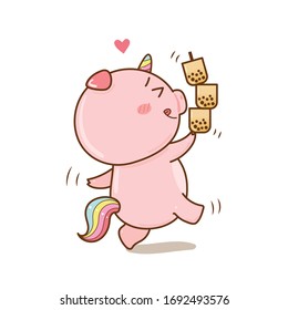 cute pig unicorn with bubble tea cartoon logo hand drawn