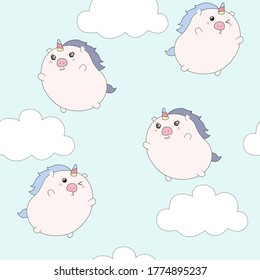 Cute pig unicorn with cloud and heart seamless pattern.