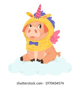 Cute pig in unicorn costume with horn and wings sitting on the cloud. Vector colorful design character illustration for print greeting postal cards and nursery.