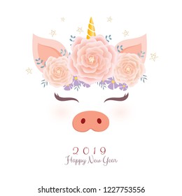 Cute Pig Unicorn Head With Flower Crown. 