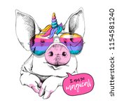 Cute Pig in a unicorn mask: rainbow glasses, mane, horn. I am so magical - lettering quote. Humor card, t-shirt composition, hand drawn style print. Vector illustration.