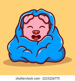 cute pig using a blanket in winter cartoon vector icon illustration