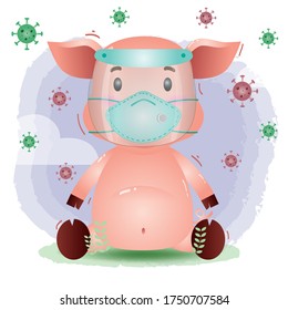 cute pig using face shield and mask.  Covid-19,  coronavirus vector illustration