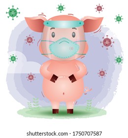 cute pig using face shield and mask.  Covid-19,  coronavirus vector illustration