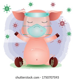 cute pig using face shield and mask.  Covid-19,  coronavirus vector illustration