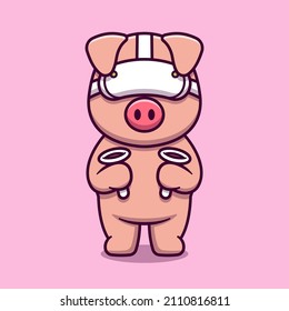 Cute pig using virtual reality headset cartoon icon illustration. Animal technology mascot character concept isolated vector. Flat cartoon style