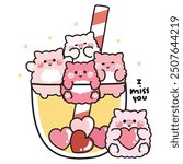 Cute pig various poses in big bubble milk tea cup with heart on white background.Sweet.Love.I miss you text.Farm animal character cartoon design.Kawaii.Vector.Illustration.