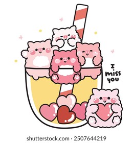 Cute pig various poses in big bubble milk tea cup with heart on white background.Sweet.Love.I miss you text.Farm animal character cartoon design.Kawaii.Vector.Illustration.