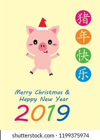 cute pig vector with chinese words of happy year of the pig. cute pig merry christmas and happy new year 2019 greeting card.