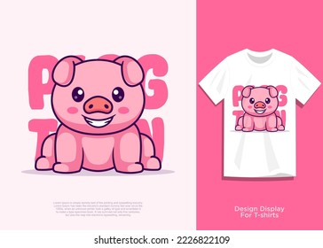 cute pig vector illustration, flat cartoon style design, with added look on t-shirt.