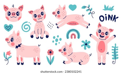 Cute pig vector set. Piglet collection with abstract natural shapes. Modern animal vector illustration. Childish flat design.