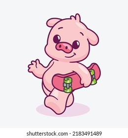 Cute Pig walking bring skateboard vector icon illustration. Cute animal mascot icon isolated vector. Flat cartoon style.
