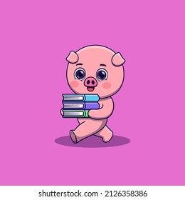 cute pig walking and bring some books