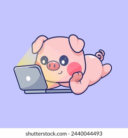 Cute Pig Watching On Laptop Cartoon Vector Icon Illustration. Animal Technology Icon Concept Isolated Premium Vector. Flat Cartoon Style