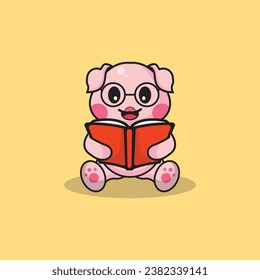 Cute Pig wear glasses with book Cartoon Vector Flat Illustration Studying Animal Icon