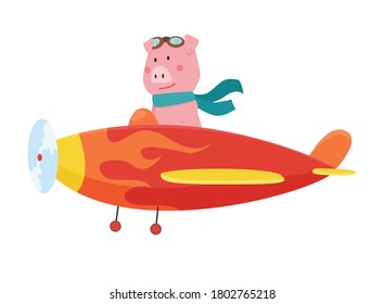 Cute pig wearing aviator goggles flying an airplane with scarf fluttering. Funny pilot flying on planes. Cartoon vector illustration isolated on a white background