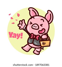 CUTE PIG WEARING BLACK SUIT JUMPING WHILE SPRINKLING FLOWER PETALS. VALENTINNE'S DAY ILLUSTRATION.