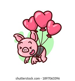 CUTE PIG WEARING BLACK T SHIRT IS FLOWN BY RED HEART SHAPE BALLOONS. VALENTINE'S DAY ILLUSTRATION.