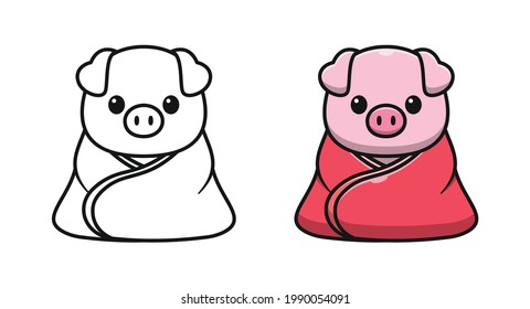 Cute pig wearing blanket cartoon coloring pages for kids