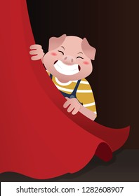 Cute pig wearing a blue Dungarees is smiling and behind the red curtain, cartoon vector