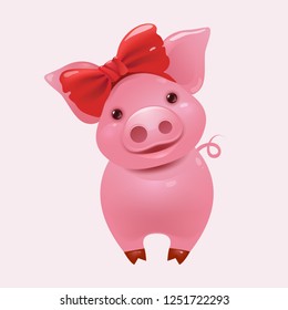 Cute pig wearing a bow. Isolated on white. Pretty vector illustration.