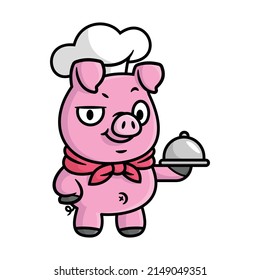 CUTE PIG IS WEARING CHEF HAT AND SCARF AND SERVING FOOD CARTOON MASCOT DESIGN.