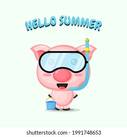 Cute pig wearing diving gear with summer greetings