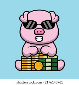 Cute Pig Wearing Glasses Sitting With Money And Gold Cartoon Vector Icon Illustration. Animal Business Icon Concept Isolated Premium Vector