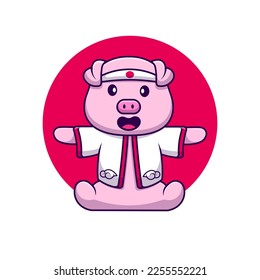 Cute Pig Wearing Japanese Costume Cartoon Vector Icons Illustration. Flat Cartoon Concept. Suitable for any creative project.