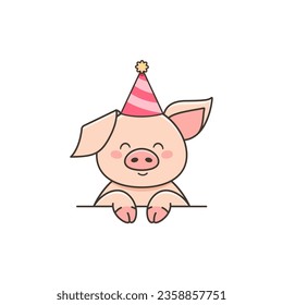 Cute pig is wearing a party hat. Vector flat illustration in cartoon style at birthday or other celebrations
