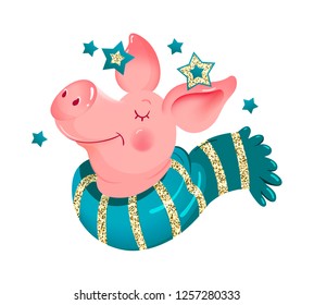 Cute pig wearing scarf festive card. Happy New Year 2019, funny cartoon piglet, pudgy character symbol with glitter stars. Vector illustration for greeting party invitation, social media, print design