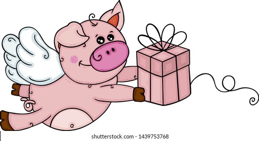 Cute pig with wings flying holding a little gift