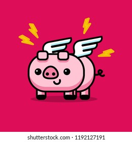 Cute Pig With Wings Illustration in Flat Line Art Style Design
