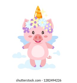 Cute pig with wings and unicorn horn with flower wreath. Template for print.